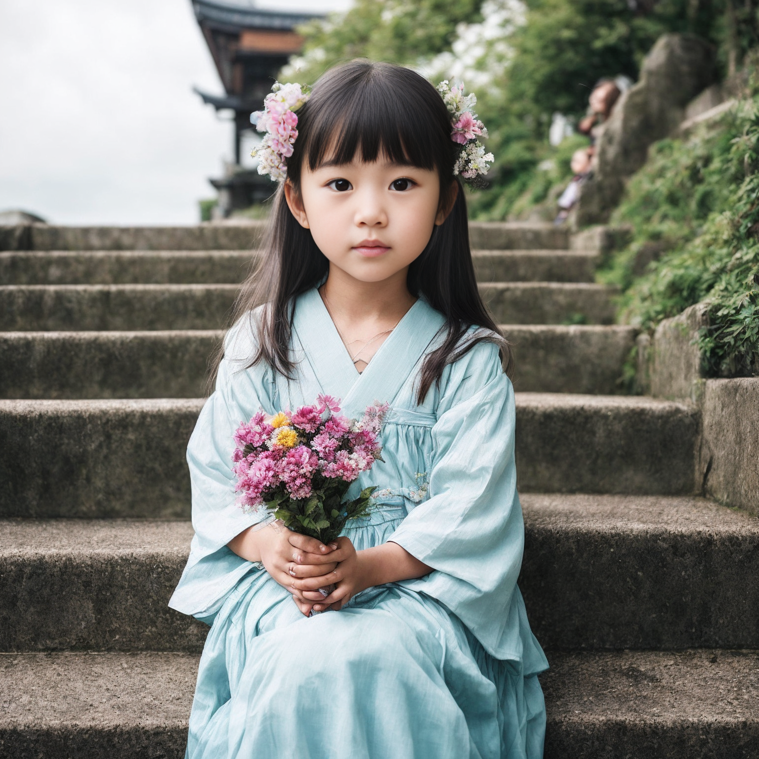 11896-728269136-portrait photo of a pretty young girl holding a flower in her hand sitting on stairs and a cloudy sky in the background, Style-J.png